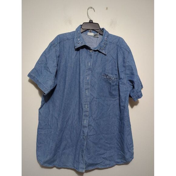 Vintage Capacity Woman Denim Button Down Shirt Blue Flower Embroidery Size 3XL - Picture 1 of 8